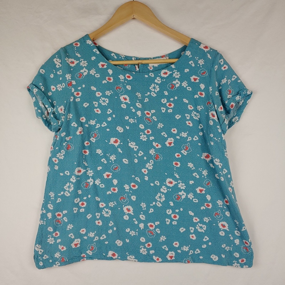 Lily & Me Top Womens Size 4 US Teal Short Sleeve Floral Blouse